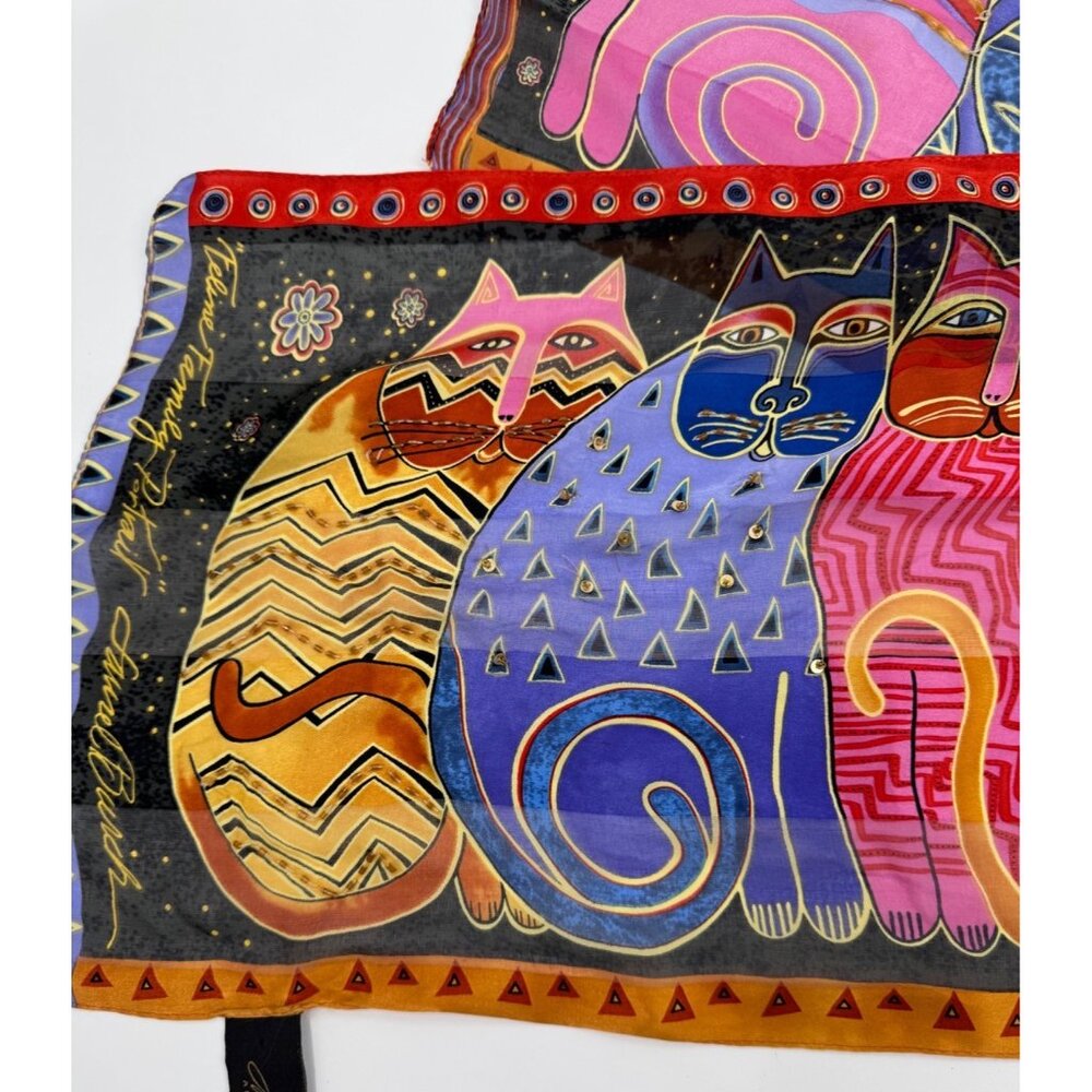 Laurel Burch "Feline Family Portrait" 100% Silk Scarf Vibrant Multicolor Cat Des - Picture 7 of 14